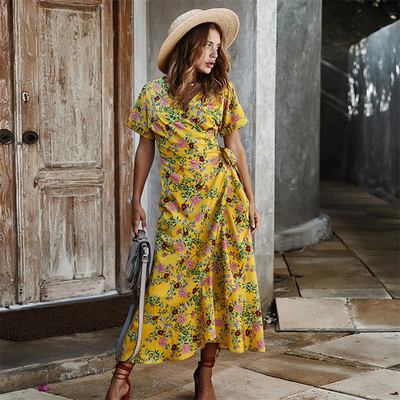 Collo a V casuale stampato del breve partito della manica delle signore Maxi Dress Polyester S Xl