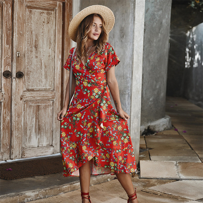 Collo a V casuale stampato del breve partito della manica delle signore Maxi Dress Polyester S Xl