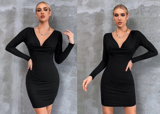 La gonna nera delle signore Maxi Dress Velvet Hip Wrap si è svasata collo a V delle maniche