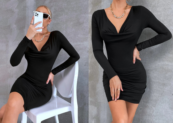 La gonna nera delle signore Maxi Dress Velvet Hip Wrap si è svasata collo a V delle maniche