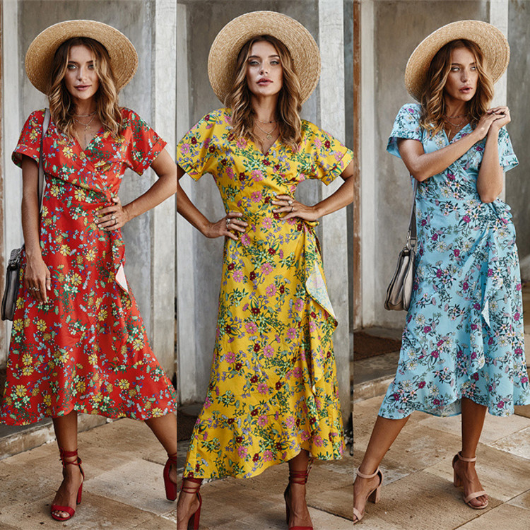Collo a V casuale stampato del breve partito della manica delle signore Maxi Dress Polyester S Xl