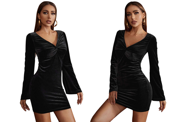 La gonna nera delle signore Maxi Dress Velvet Hip Wrap si è svasata collo a V delle maniche